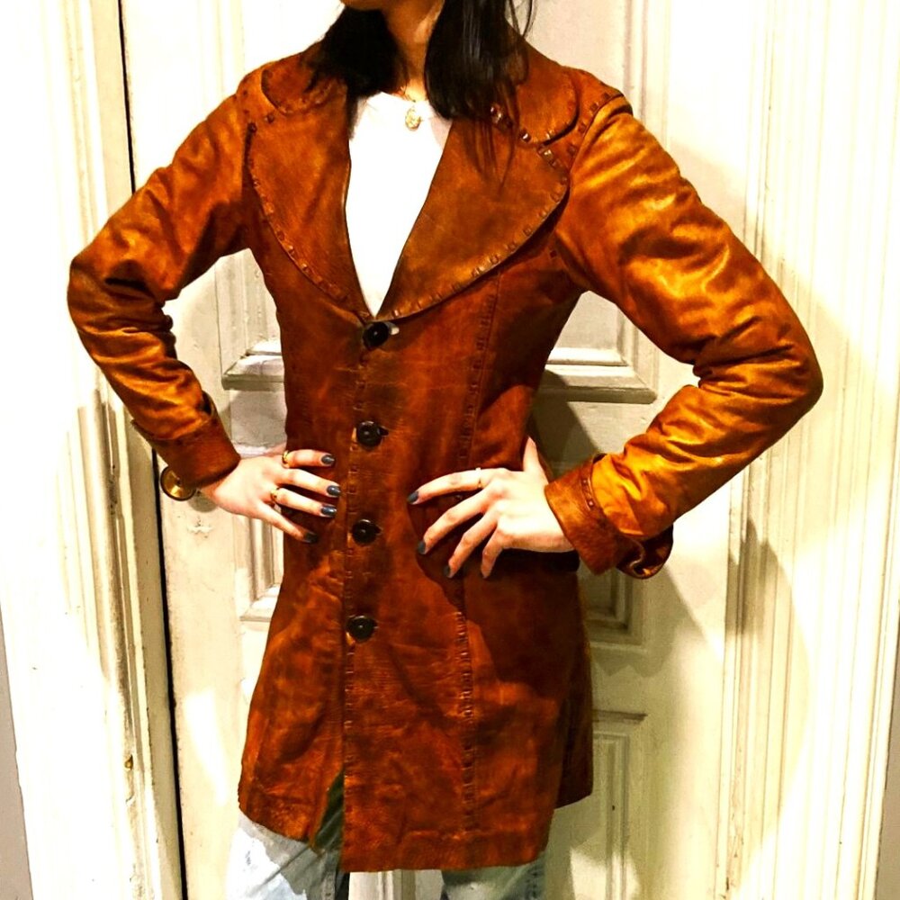 Custom designed patina-rich 70s leather coat (small adult)